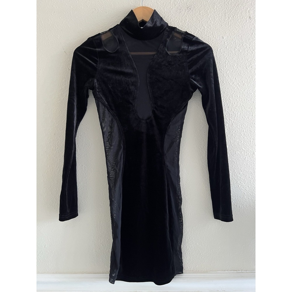 Simmi London Black Velvet Mesh Bodycon Mini Dress Long Sleeve Size 4 Whimsigoth
